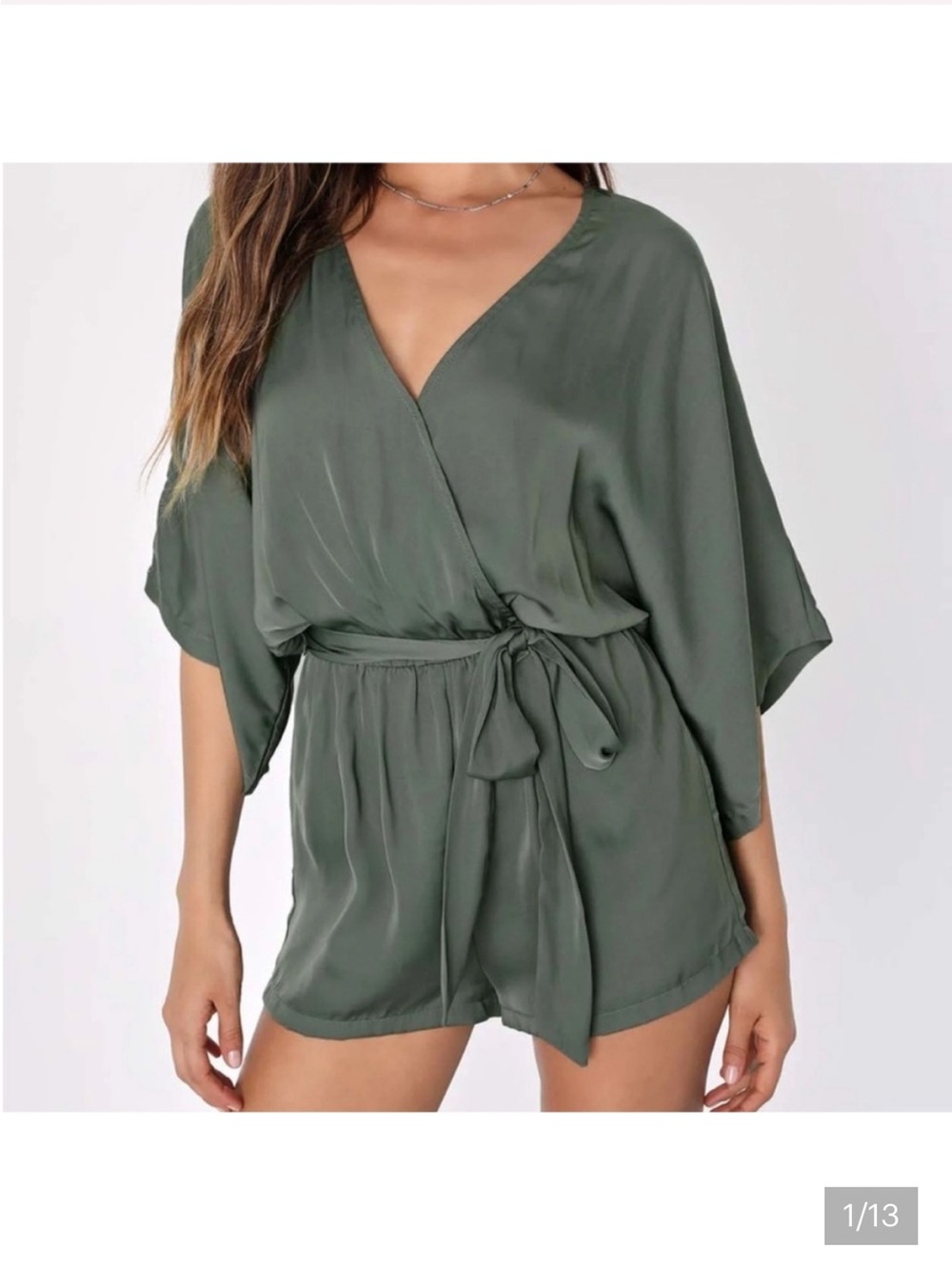 Lulus Satin Romper Kimono Sleeve V Neck Belted Boho Mini Olive Green Size Medium